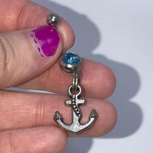 Small Anchor with Aqua Blue Gem Dangle Belly Ring